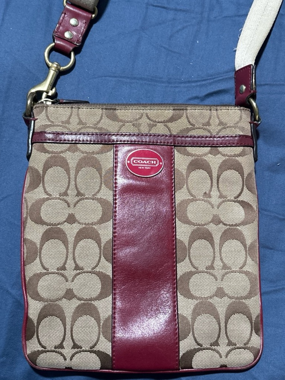 Coach Brown Signature Canvas Crossbody with Burgundy Leather Trim